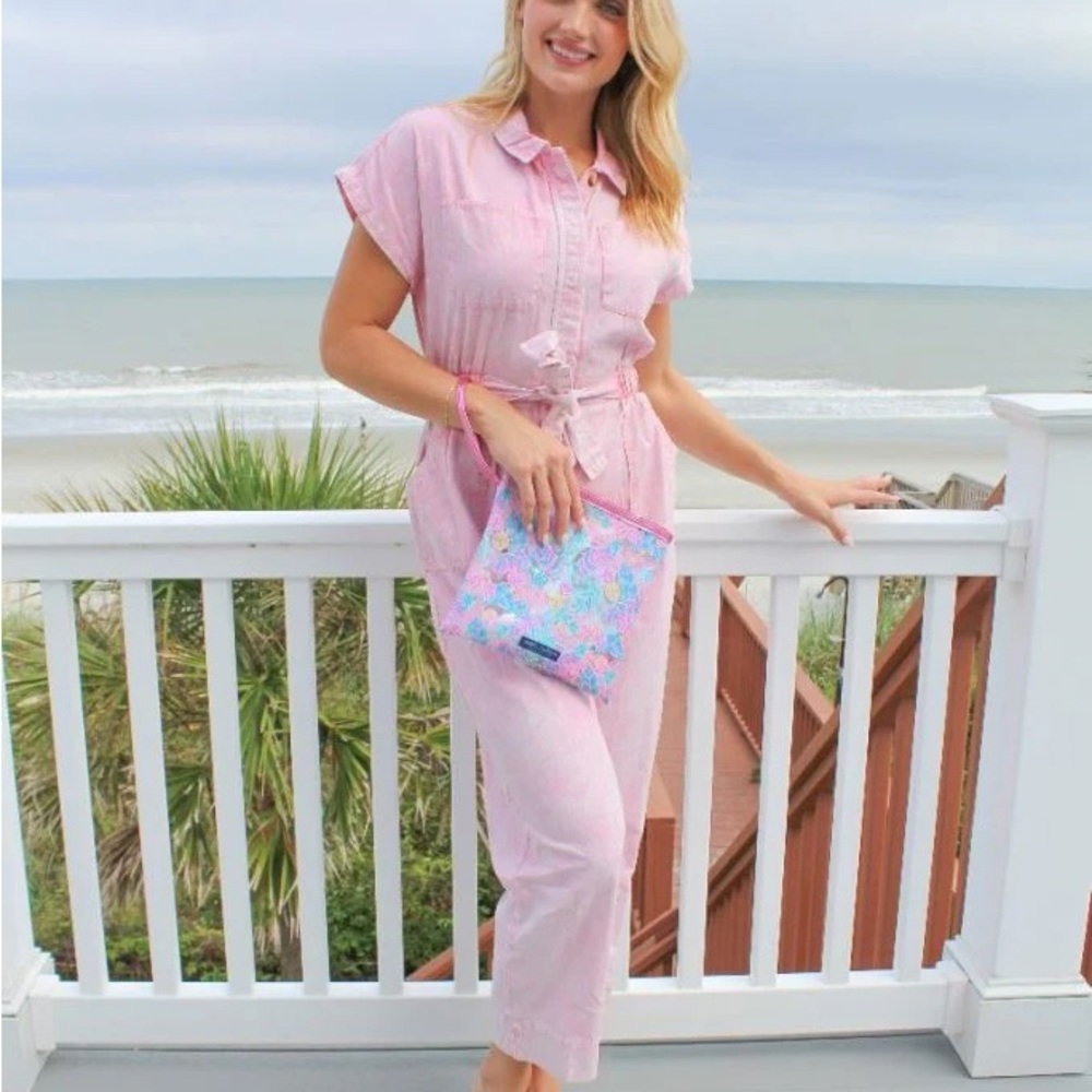 Simply Southern Pink Dye Denim Jumpsuit Tie Waist Short Sleeve Womens XXL